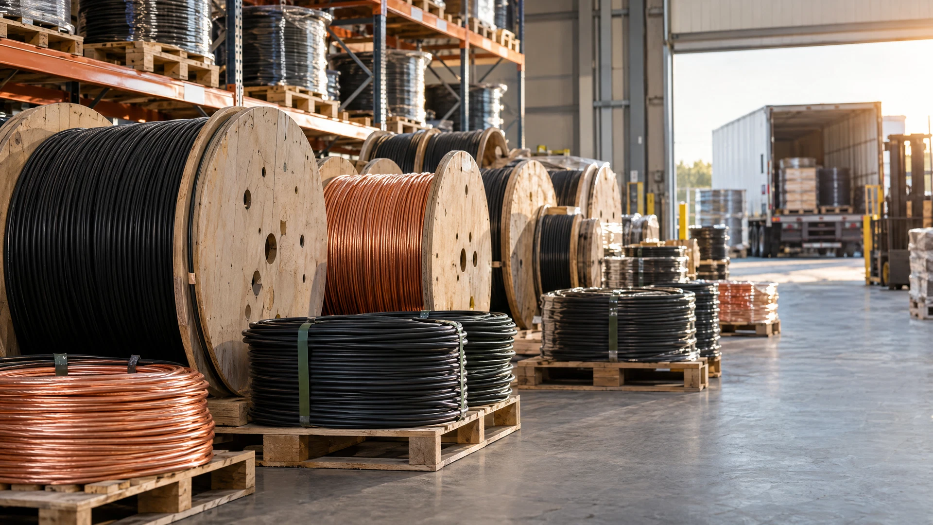 Illustrative organized electrical cable reels in an industrial warehouse